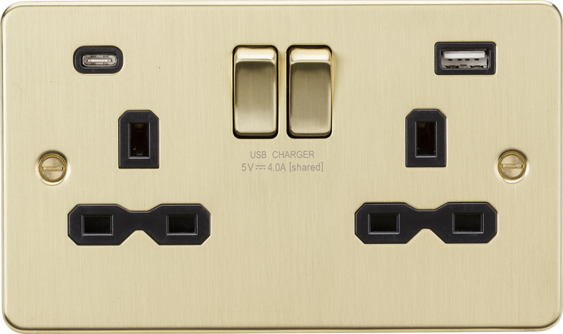 13A 2G SP Switched Socket with Dual USB A+C (5V DC 4.0A shared) - Brushed Brass with black Insert