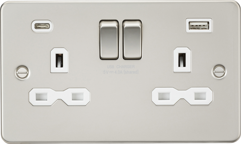 13A 2G SP Switched Socket with Dual USB A+C (5V DC 4.0A shared) - Pearl with White Insert