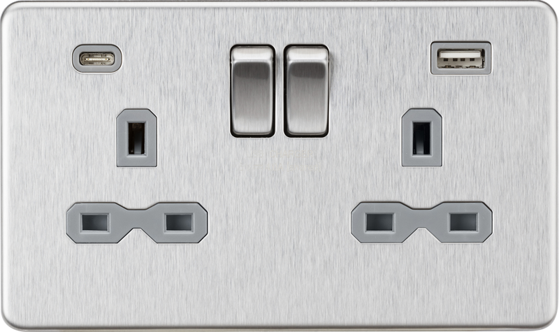 13A 2G SP Switched Socket with Dual USB A+C (5V DC 4.0A shared) - Brushed Chrome with Grey Insert