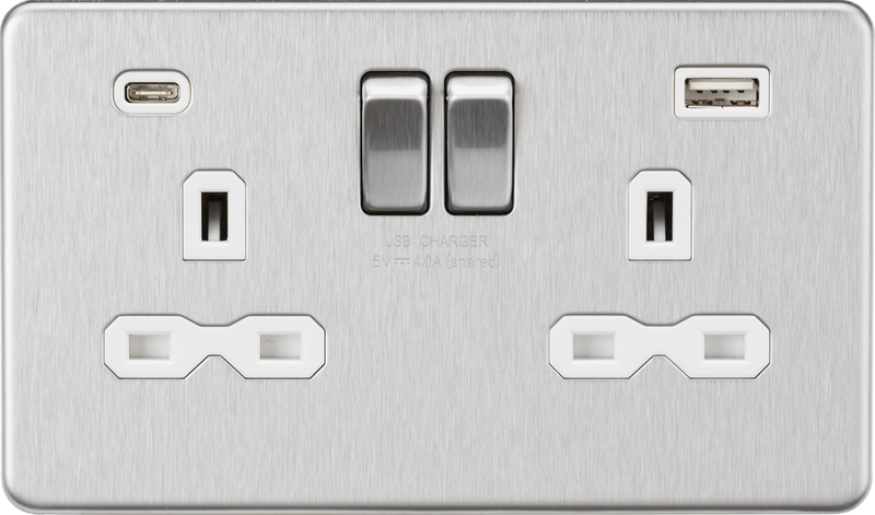 13A 2G SP Switched Socket with Dual USB A+C (5V DC 4.0A shared) - Brushed Chrome with White Insert