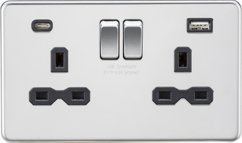 13A 2G SP Switched Socket with Dual USB A+C (5V DC 4.0A shared) - Polished Chrome with Black Insert