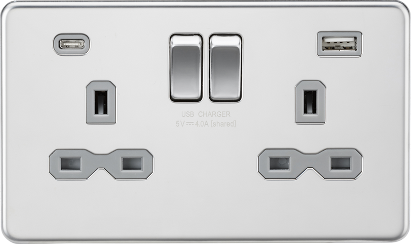 13A 2G SP Switched Socket with Dual USB A+C (5V DC 4.0A shared) - Polished Chrome with Grey Insert