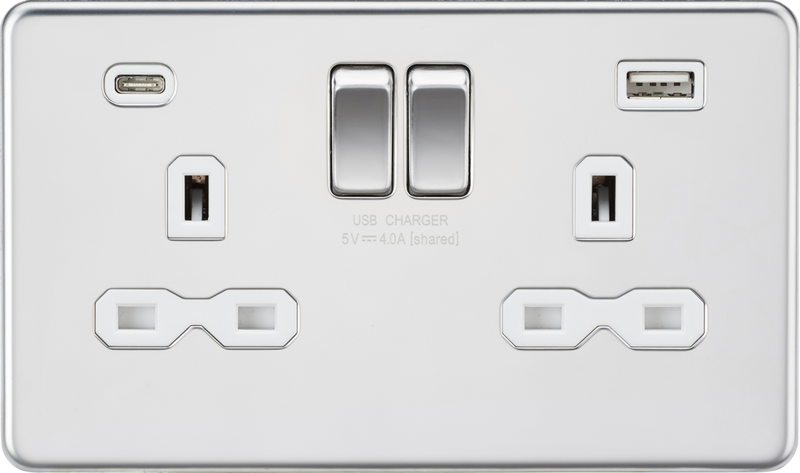 13A 2G SP Switched Socket with Dual USB A+C (5V DC 4.0A shared) - Polished Chrome with White Insert