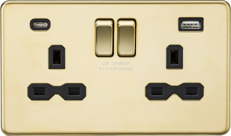 13A 2G SP Switched Socket with Dual USB A+C (5V DC 4.0A shared) - Polished Brass with Black Insert