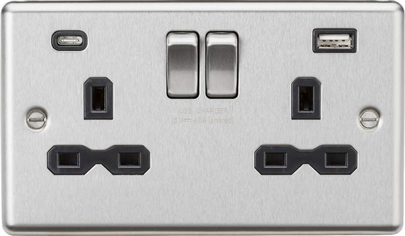 13A 2G SP Switched Socket with dual USB C+A 5V DC 4.0A [shared] - Brushed Chrome with black insert