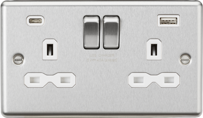 13A 2G SP Switched Socket with dual USB C+A 5V DC 4.0A [shared] - Brushed Chrome with white insert