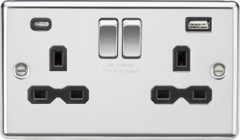 13A 2G SP Switched Socket with dual USB C+A 5V DC 4.0A [shared] - Polished Chrome with black insert