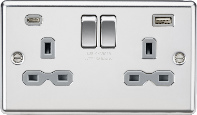 13A 2G SP Switched Socket with dual USB C+A 5V DC 4.0A [shared] - Polished Chrome with grey insert