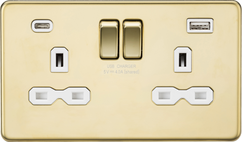 13A 2G SP Switched Socket with Dual USB A+C (5V DC 4.0A shared) - Polished Brass with White Insert