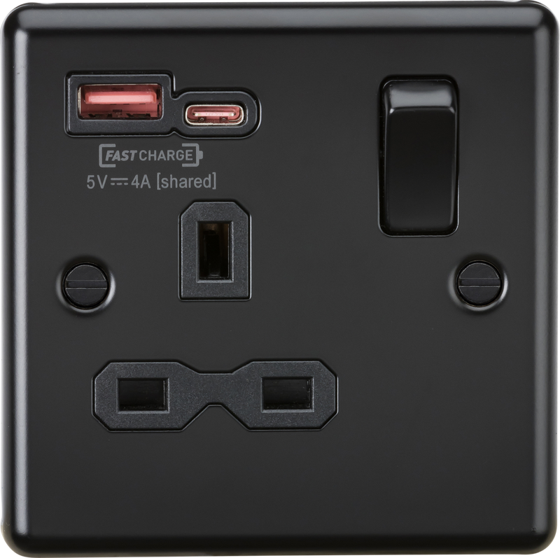 13A 1G SP Switched Socket with Dual USB A+C 12V DC 1.5A [Max. 18W] - Matt Black with Black Insert