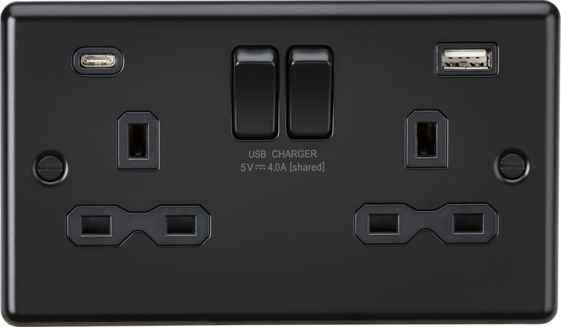 13A 2G SP Switched Socket with Dual USB A+C (5V DC 4.0A shared) - Matt Black with Black Insert