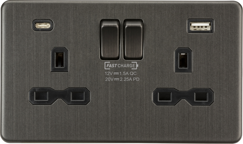 13A 2G DP Switched Socket with Dual USB A+C 20V DC 2.25A (Max. 45W) - Smoked Bronze w/Black Insert