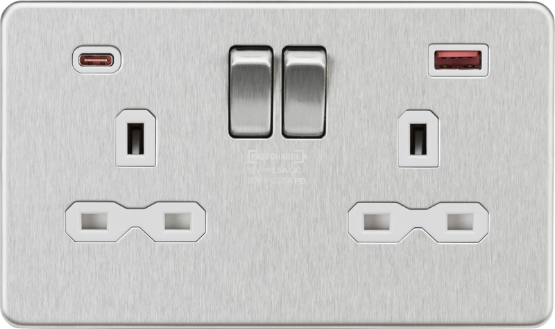 13A 2G DP Switched Socket with Dual USB A+C 20V DC 2.25A (Max. 45W) - Brushed Chrome w/White Insert